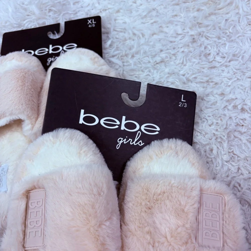 NWT Bebe Girl Plush fuzzy pink & white comfy slide Slippers size 4.5 & 2.5